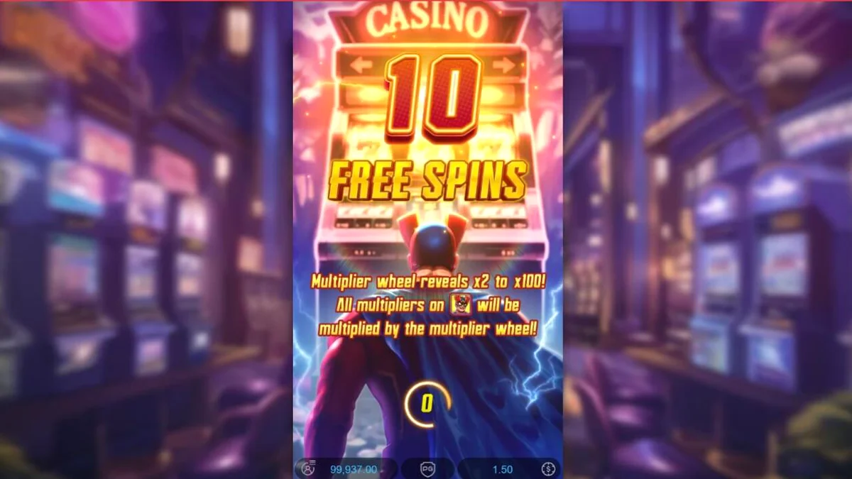 Tampilan visual slot Super Wildrix dengan tema superhero neon