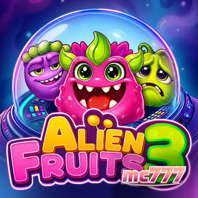 Tampilan visual grid permainan slot Alien Fruits 3 dengan tema luar angkasa yang cerah.
